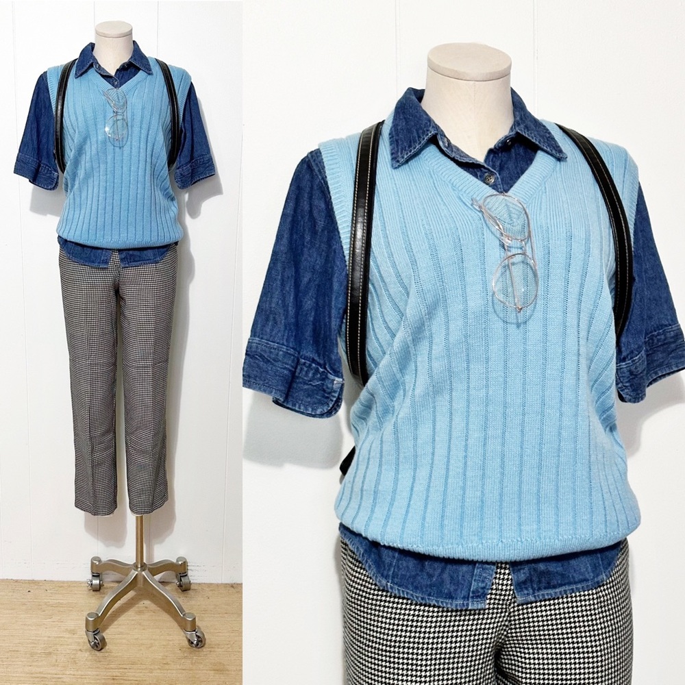 70s Sky Blue Ribbed Pullover Sweater Tank | Vintage
